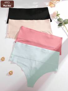 4pcs Plus Size Women Solid Mesh High Waist Soft Seamless High Elasticity Thong Panties, Ladies Underwear