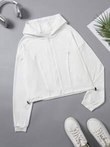 Women's Drawstring Hem Hooded Short Jacket, Casual Sporty Zip-Up For Running, Fitness, Yoga