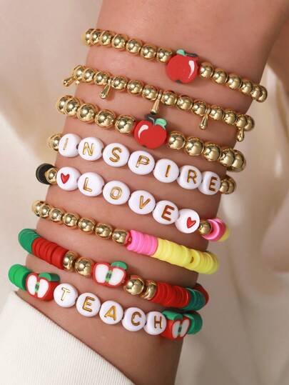 مجموعة من 7/8/9/12 أساور سلاسل منسوجة متعددة الطبقات من الخرز والحروف الإنجليزية والتفاحة في موسم تخرج المعلمين ومناسبة للرجال والنساء للاستخدام اليومي، أيضاً مناسبة لهدايا الطلاب والمعلمين