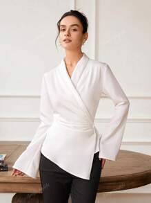 Blusa de manga larga con cuello en V y fruncido en la cintura para mujer, elegante y encantadora, ideal para verano
