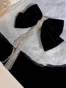 1pc Oversized Sparkling Rhinestone Tassel Velvet Bow Hair Clip, Elegant Top Clip Hairpin, Suitable For Half-Up Hairstyle, High Ponytail, Party, Wedding, Valentine's Day, Birthday - Ideal Gift