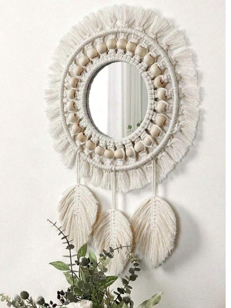 1 szt. Makrama Wiszące lustro do makijażu, Boho Style Wall Decor Round Tapestry Acrylic Mirror, Ręcznie tkane liście na krawędziach wiszące na ścianie, Dekoracja do salonu, sypialni, biura