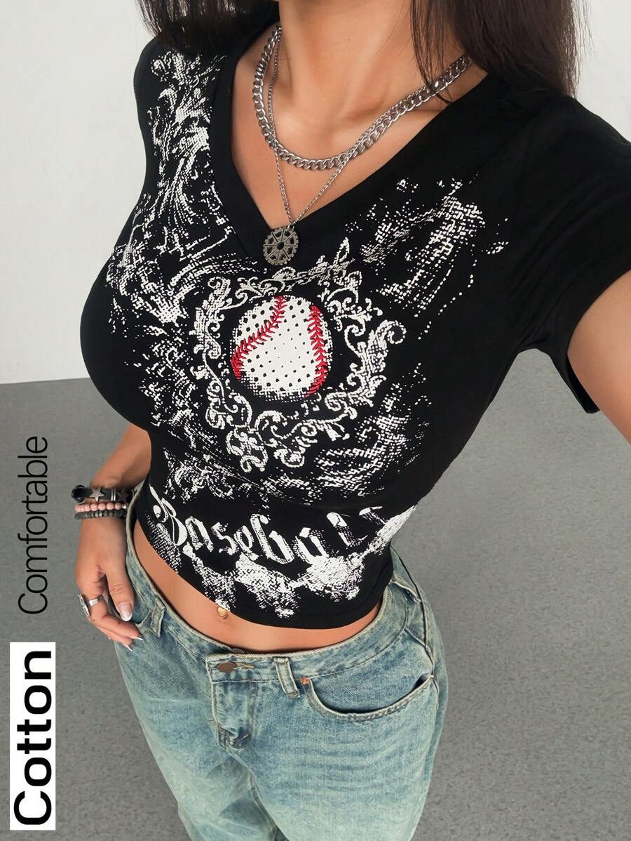 Goth Ladies Baseball Bud Slogan T-Shirt Print - Black - View 1