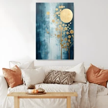 1pc Framed Canvas Poster, Blue - And - Gold - Moon - Tree - Abstract Wall Art Canvas Paintings, Ideal Gift For Bedroom Living Room Corridor, Wall Art, Room Decoration