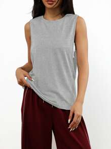 1pc Loose Comfortable Casual Plain Sleeveless Pullover Top For Daily, Running, Fitness, Spring/Summer - Grey - View 6
