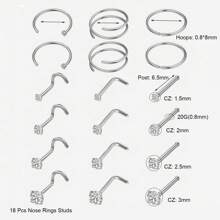金色不锈钢鼻环 L 型鼻钉 螺纹鼻环 骨形银色套装 男女通用 20G 鼻环鼻钉 10-36 个装 - 銀色 24個鼻釘鼻環套裝 - 查看 20