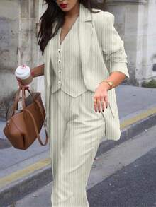 女士休闲/工作条纹夹克、裤子和背心三件套西装套装，春夏 - 米色 - 查看 3