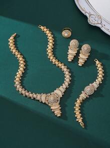 4pcs Luxury Water Drop Tassel Design Jewelry Set - Necklace, Earrings, Ring, Bracelet, Gold-Plated Copper With Cubic Zirconia, Suitable For Women's Wedding And Gala Attire - Gold - View 4