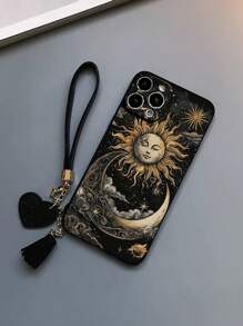 1 pieza Funda protectora de teléfono con borde perforado en forma de luna negra, diseño 3D resistente a golpes, con un nuevo diseño de cordón con forma de corazón como accesorio de teléfono DIY, con borla corta pendiente de la muñeca
