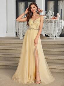 Robe de soirée, robe de fête, robe de cocktail pour invité de mariage, en tissu de maille avec broderie de perles de luxe, élégante, à fentes hautes, sans bretelles pour femmes UNITHORSE - Jaune citron - Voir 2