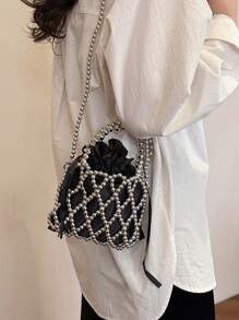 French Ladylike Handmade Woven Beaded Satchel Handbag, Pearl Decor Shoulder Crossbody Bag, Unique Small Hollow Rhombic Mesh Bucket Bag Design For Summer