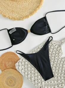 Damen Einfarbiger Sexy Bikini Set, 2 Teile Bademode für den Urlaub - Schwarz - Übersicht 2