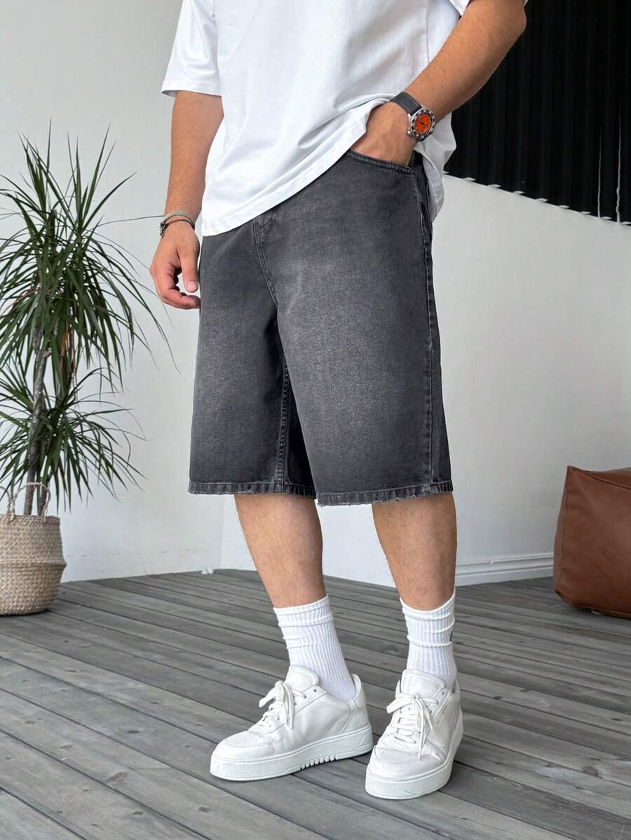 男士休闲水洗牛仔短裤，夏季抽绳松紧腰宽松百慕大短裤 - 黑色 - 查看 1