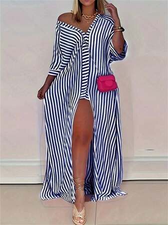 大码女式条纹中袖长衬衫裙，宽松版型