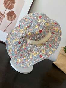 1 pieza Nuevo sombrero de sol con estampado floral pequeño para niña, ajustable, con correa a prueba de viento y malla transpirable, sombrero de playa de verano con pañuelo para niños