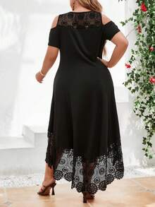 Plus Size Lace Patchwork Off Shoulder Sleeve Dress - Black - View 2