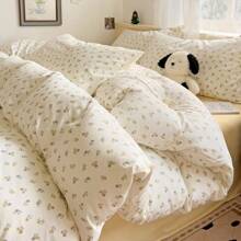 3pcs/4pcs Premium Washed Cotton Double Gauze Printed Bedding Set, Student Dormitory 3-Piece Set