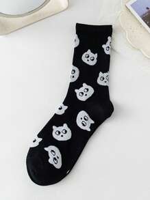1 Pair Cute Cartoon Cat Mid-Calf Socks For Women