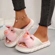 Women's Cozy Pig Slippers - Plush Animal Design With Linen Slides - Pink - View 6