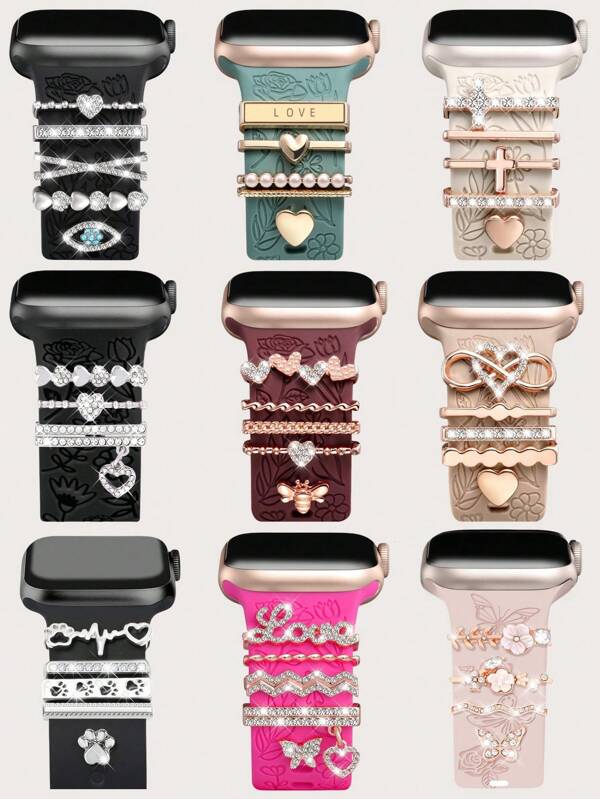 Set de 5/4/3 piezas de charms metálicos decorativos anillos compatibles con la correa del Apple Watch, con adornos de diamante rhinestone de AMOR. Accesorios de moda para la correa de reloj de silicona, compatible con Apple Watch de 38mm a 49mm, Serie Ultra/SE/1-10