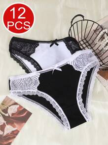 12 Or 6 Pieces Of Multi-Color Combination Set With Bow Decoration Cotton Women's Underwear, Skin Friendly, Soft, Comfortable, Breathable, High Waisted, Elastic, Suitable For Daily Wear In All Seasons - 混色12件裝 - 查看 6