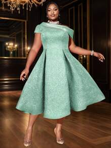 大码女式花卉提花撞色不对称下摆优雅正式连衣裙，适合毕业典礼、鸡尾酒会、半正式舞会、生日、婚礼宾客、毕业典礼、晚宴、返校节、派对和其他场合。 - 綠色 - 查看 2