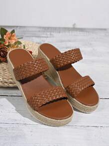 Women's Platform Slip-On Sandals With Straw Sole, Wide Width