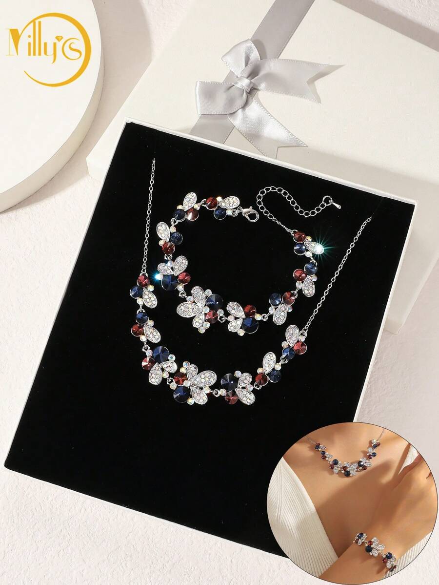 2pcs Luxury Rhinestone Jewelry Set, Necklace Set With Gift Box, Gift, Couple Gift, Gift For Mom, Wedding Gift, Party Gift, Valentine's Day Gift Box - Multicolor a - View 1