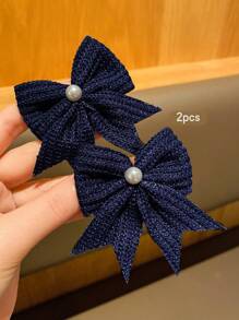 2 Pieces Blue Cute Bow Hair Clips, Suitable For Daily Use - Navy Blue - View 4