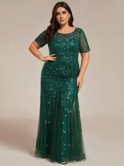 EVER-PRETTY Robe sirène à encolure ronde et manches courtes avec sequins, pour femmes grandes tailles, élégante