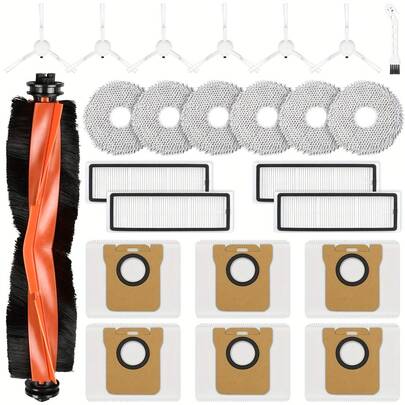 18 acessórios para aspirador de pó compatíveis com aspirador de pó robô X20 e X10: 1 escova principal, 4 esfregões, 4 sacos de pó, 4 escovas laterais, 4 filtros HEPA, 1 ferramenta de limpeza