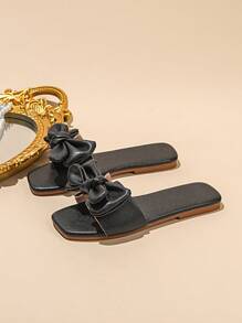 Girls' Bow Decor Fashion Square Toe Flat Slide Sandals