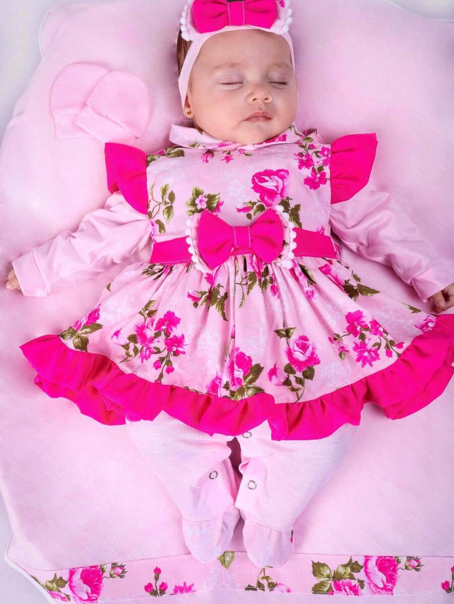 Maternity Outfit For Baby Girl Pompom 04 Pieces Baby Clothes - 玫紅色 - 查看 1