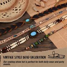 1 Hat And 4 Decorations Unisex Bead Decor Cowgirl Hat Hollow Out Summer Travel Shade Fedora Cowboy Hat Dyeing Wide Brim Printed Breathable With Beaded Trim Band Hand Woven Beach Hat Sun Hat Straw Hat - 米色 - 查看 5