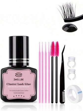 zwellbe 睫毛胶 簇状睫毛胶 带镊子刷涂抹器 胶带 黑色敏感睫毛胶 固定器 快干防水睫毛胶 单根睫毛胶 持久DIY睫毛延长胶 强力定型睫毛胶 用于睫毛延长（15ML） 美容工具套装 睫毛胶，睫毛胶