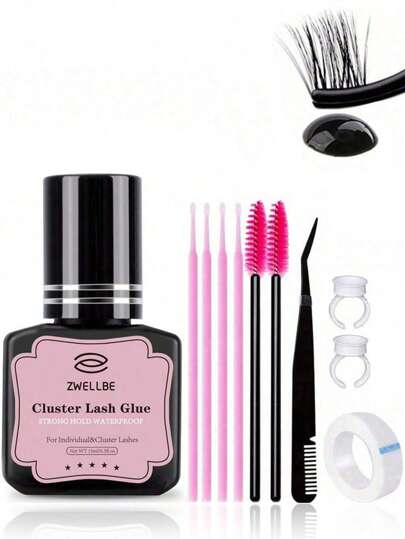 zwellbe 睫毛胶 簇状睫毛胶 带镊子刷涂抹器 胶带 黑色敏感睫毛胶 固定器 快干防水睫毛胶 单根睫毛胶 持久DIY睫毛延长胶 强力定型睫毛胶 用于睫毛延长（15ML） 美容工具套装 睫毛胶，睫毛胶