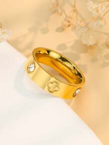 1 Piece Luxury Clover Crystal Charm Ring For Women Men Non Tarnish Couple Rings Top Quality Stainless Steel Wedding Jewelry Gold Color