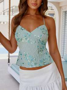 Women Y2K Aesthetic Tops Backless Camisole Summer Fairycore Flower Embroidered Tank Top Sleeveless Slim Crop Tops V-Neck Back Tie-Up Tops Halter Tops For Party Club Fairy Going Out Tops - màu xanh lá - Xem 1