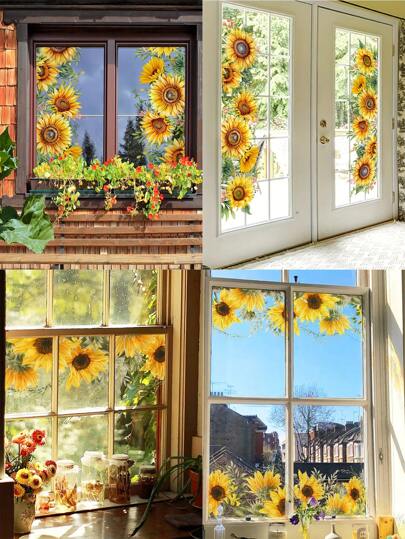 1set Vintage Sunflower Floral Window Clings, Glass Spring Watercolor Border Living Room Decor Large Stickers DIY Decals, Vinyl Decal For Home Decorations, Windows Home Decoration Items Refresh Your Home Wall Art Bedroom Decor Home Decor Living Room Wall Paper Wall Stickers Party Decorations Bedroom Office Decor Home Decor Items Personalised Stickers