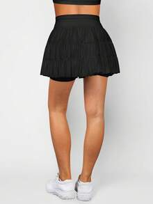 European & American Style Women's High Waist Tie-Up Pleated Pocket Black Mini Skirt, Spring/Summer - Black - View 2