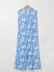 Acelitt Bộ jumpsuit dáng rộng không tay, cài nửa cúc, in họa tiết hoa lưu ly, kiểu dáng thanh lịch mùa hè. - Màu xanh lam - Xem 4