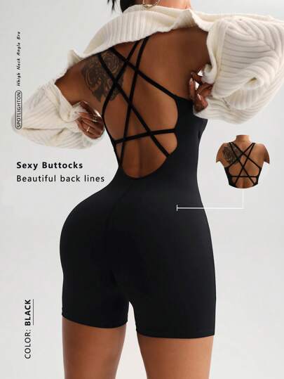 Cross-Strap Sexy High-Waisted Pants With Butt-Lifting Peach Effect, Retro Fashion Versatile Academic Style, Elegant Streetwear, Stretchy Figure-Hugging Fit With Backless Design, Slimming And Waist-Cinching For Long Legs, Comfortable Casual Fitness Workout Low-Cut Back Yoga Jumpsuit. Shapewear Bodysuit
