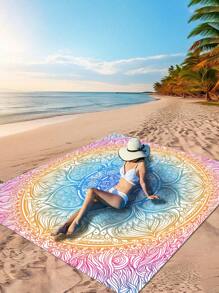 1pc New Beach Rug Rectangle Lightweight Outdoor Multipurpose Waterproof Sandproof Ocean Flower Beach Blanket With Light Blue Gradient Pattern Beach Essentials