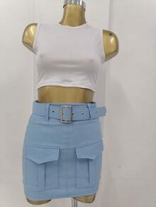 Cargo Skirt With Belt In Gabardine. - Blue - View 2
