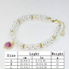 Heart Rhinestone Pendant Cultured Pearl Necklace, Decorative Accessory For Small-Medium Pets