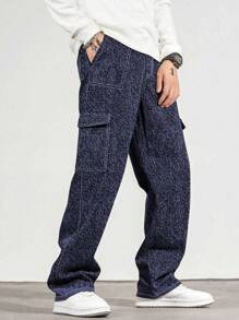 1pc Teen Boys Vintage Casual Avant-Garde Minimalistic Denim Effect Multi-Pocket Cargo Pants, Suitable For Spring/Summer/Autumn/Winter - Blue - View 3