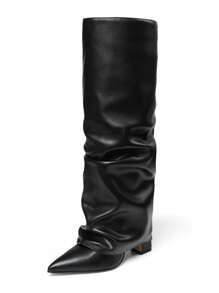 Knee High Fold Over Shark Boots For Women Slouchy Pointed Toe Block Thick High Heels Pull On Fashion Punk Pleated Boots Woman - Black PU - 查看 3