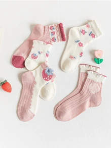 5 Pairs Children's Socks For Spring And Summer, Thin Mid Tube Socks For Summer, Mesh Socks, Short Socks With Floral Prints, Tulip Series, White Socks, Ultra-Thin Socks, Casual Socks - Multicolor - View 5