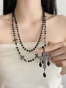 ROMWE 1pc Gothic Style Ascension Day Cross Beaded Tassel Necklace, Black Resin Metal Material Personalized, Suitable For Women Party & Everyday Wear - Black - View 4