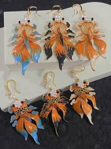 2 pièces Boucles d'oreilles créoles surdimensionnées en alliage émaillé avec motif de carpe élégant, bijoux vintage peints à la main avec perles pour femmes